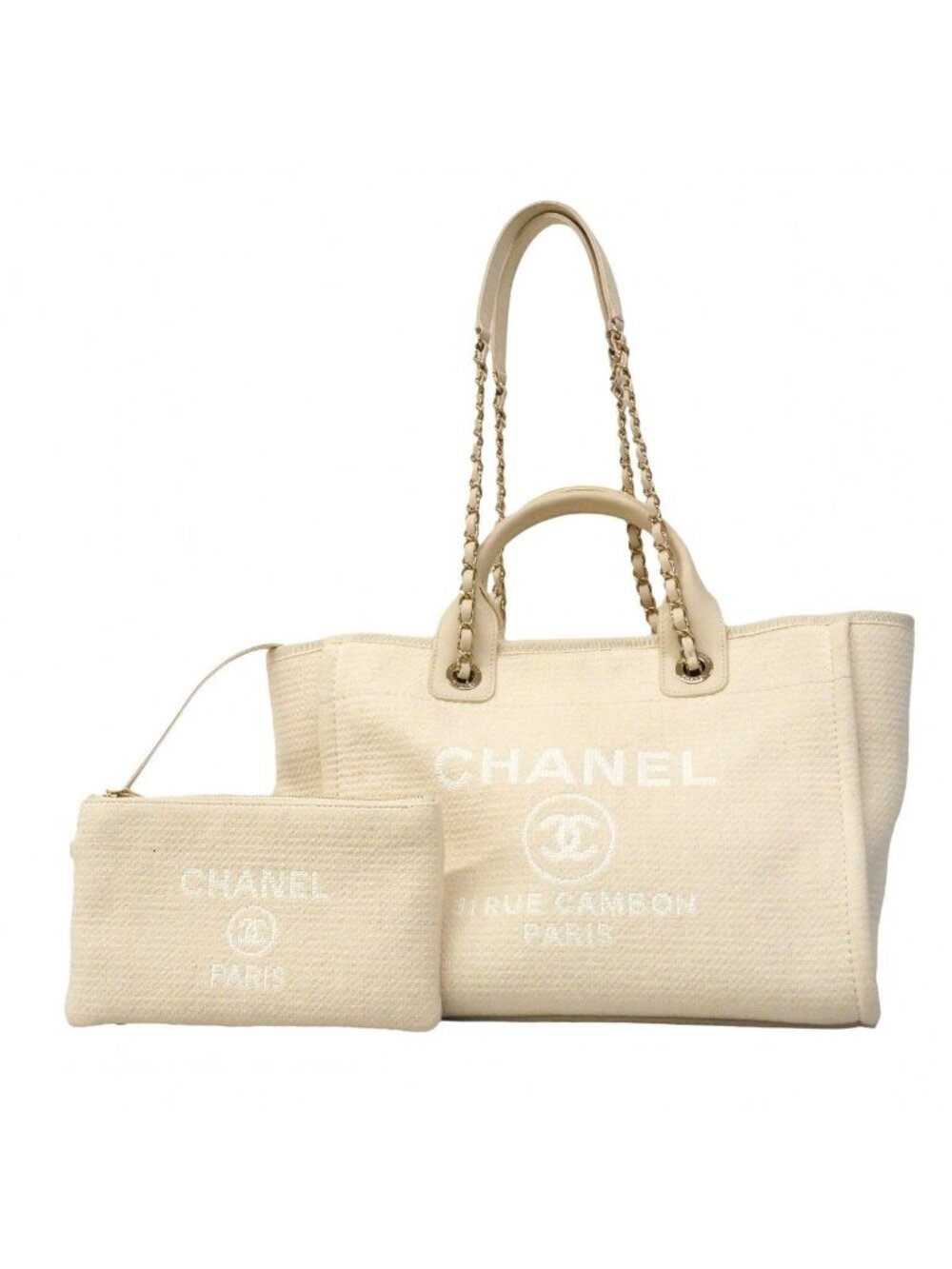 Chanel Handbag Deauville Canvas White Champagne Gold 2-Way - Picture 1 of 10